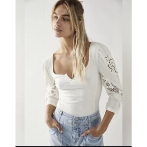 FREE PEOPLE Brunch Date Ivory Eyelet Lace Sleeve Blouse L Coquette Romantic Boho